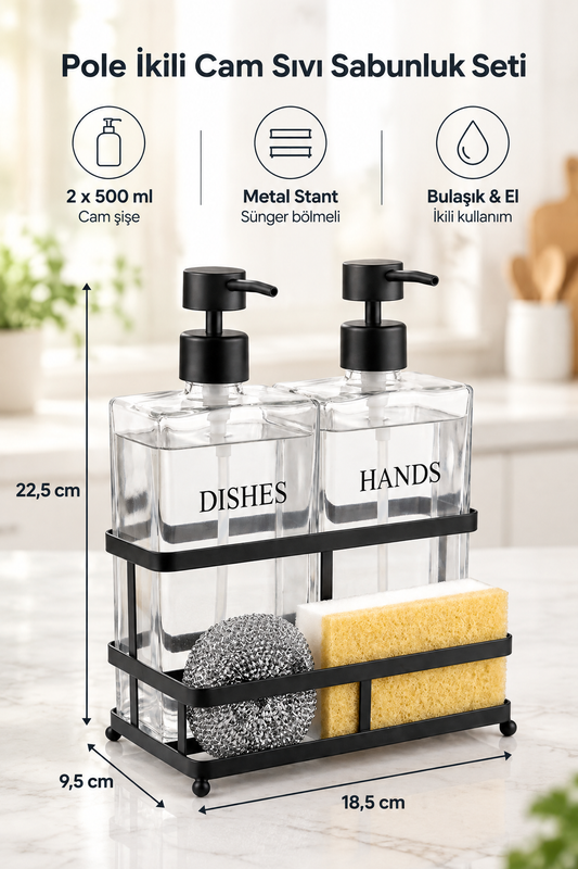 Siyah Metal Stantlı Pole İkili Cam Sıvı Sabunluk Seti – 2 x 500 ml, 18,5 x 9,5 x 22,5 cm, Sünger ve Bulaşık Teli Dahil