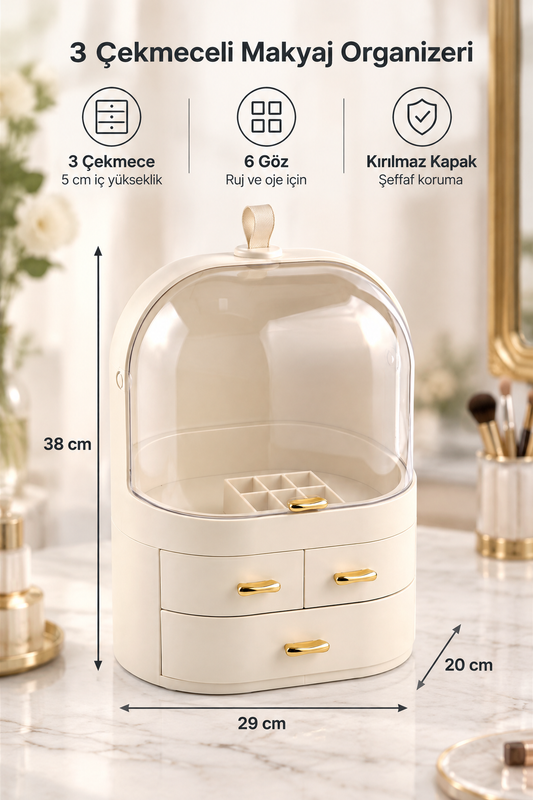 3 Çekmeceli Kırılmaz Kapaklı Babol Makyaj Organizeri, 29 × 20 × 38 cm, 1900 gram – Krem