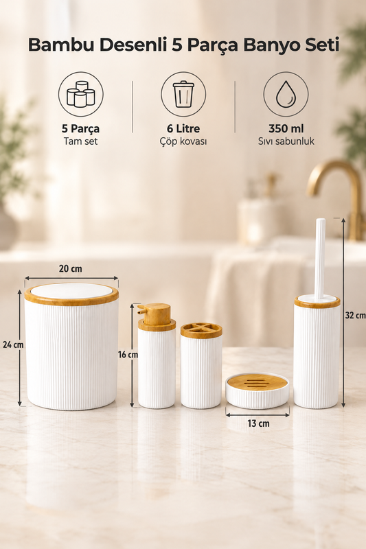 Beyaz Bambu Desenli Nola 5 Parça Banyo Seti, 6 litre