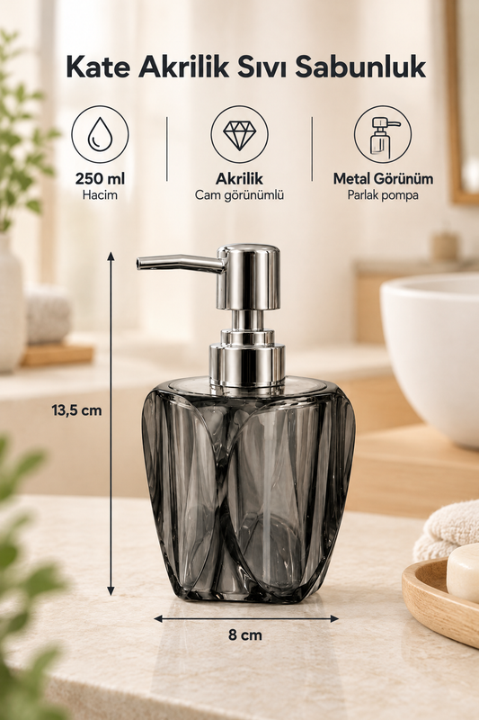 Kate Akrilik Sıvı Sabunluk 250 ml, 8x8x13,5 cm – Siyah