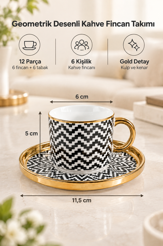 6 Kişilik 12 Parça Gold Detaylı Desenli Kahve Fincan Takımı – Siyah Beyaz Geometrik