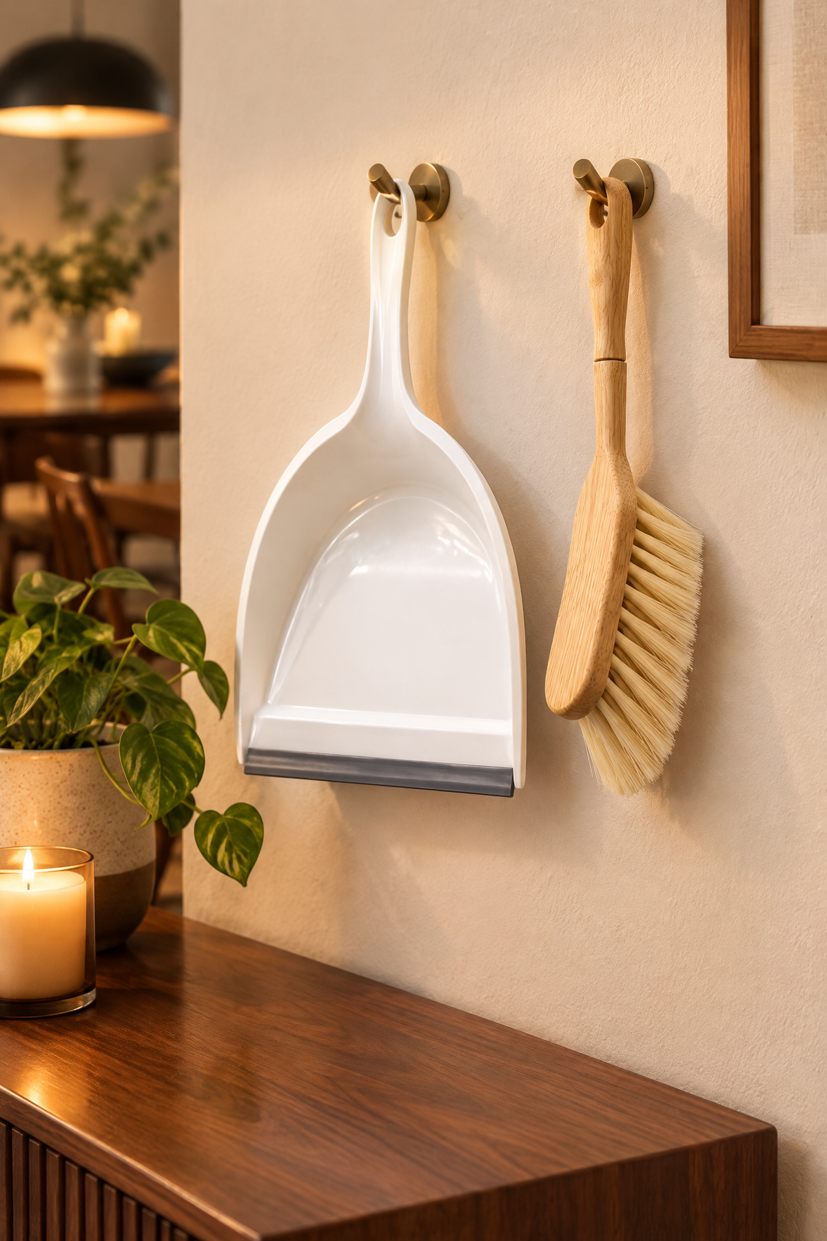Faraş ve Bambu Saplı Süpürge Fırçası Seti, 2 Parça, Beyaz, 35 cm Kürek, 30 cm Fırça