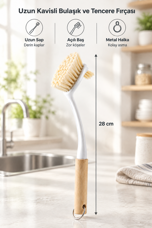 Bambu Saplı Uzun Kavisli Bulaşık ve Tencere Temizleme Fırçası, Askı Halkalı, 28 cm