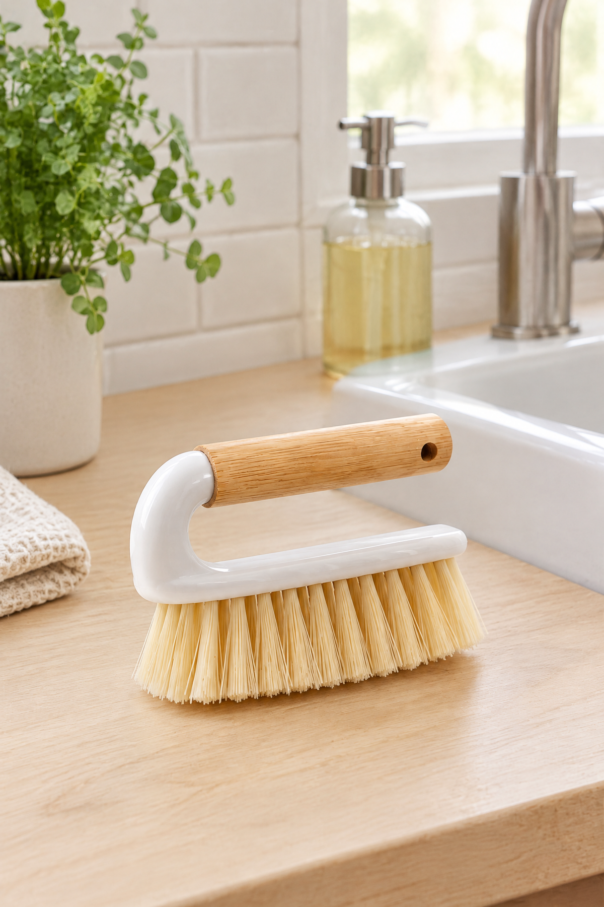Bambu Saplı Kavramalı Çok Amaçlı Ovma ve Temizlik Fırçası, Kompakt Boy, 14 cm