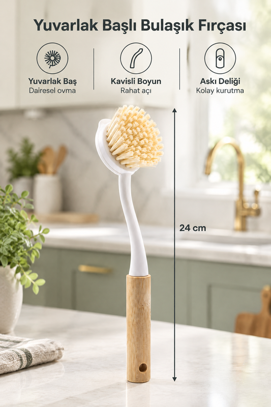 Bambu Saplı Yuvarlak Başlı Bulaşık ve Tencere Temizleme Fırçası, Askı Delikli, 24 cm