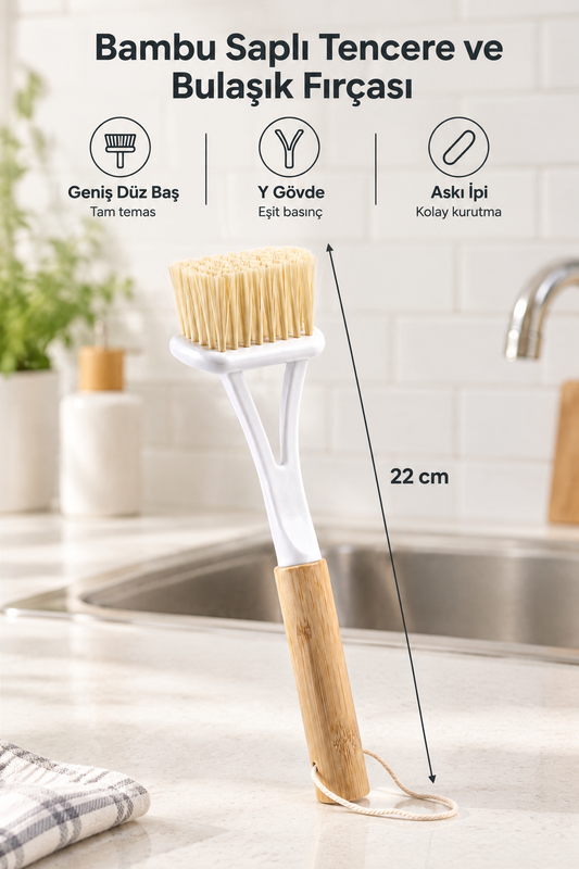 Bambu Saplı Geniş Düz Başlı Tencere ve Bulaşık Fırçası, Askı İpli, 22 cm