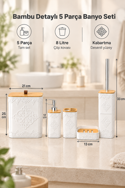 Doğal Bambu Detaylı 5 Parça Banyo Seti, 8 litre, 21 x 19 x 25 cm – Beyaz