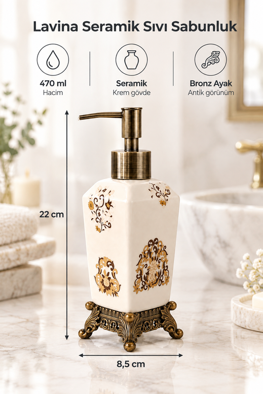Lavina Seramik Sıvı Sabunluk, Krem, Bronz Ayaklı 470 ml – Saray
