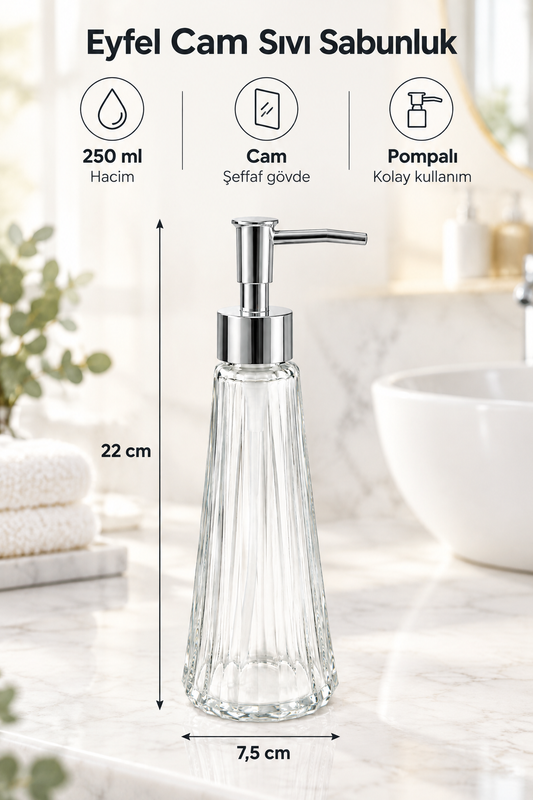Eyfel Cam Sıvı Sabunluk 250 ml, Şeffaf, 7,5x22 cm