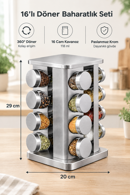16'lı Döner Baharatlık Seti Krom Kare Stantlı 118 ml Cam Kavanoz – 360° Döner 29x20 cm