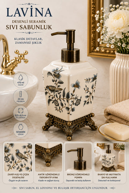 Lavina Seramik Sıvı Sabunluk, Krem, Bronz Ayaklı 470 ml