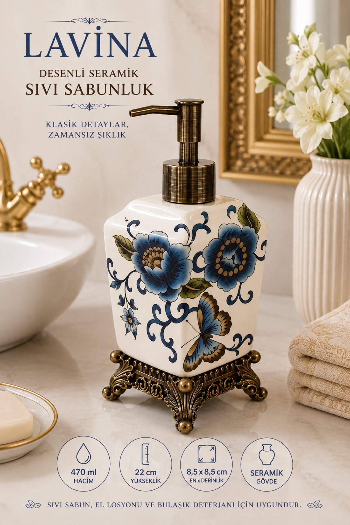 Lavina Seramik Sıvı Sabunluk, Krem, Bronz Ayaklı 470 ml – Kelebek