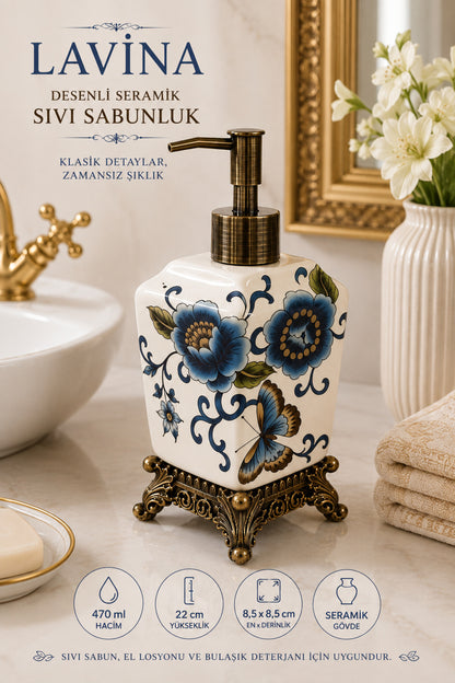 Lavina Seramik Sıvı Sabunluk, Krem, Bronz Ayaklı 470 ml – Kelebek