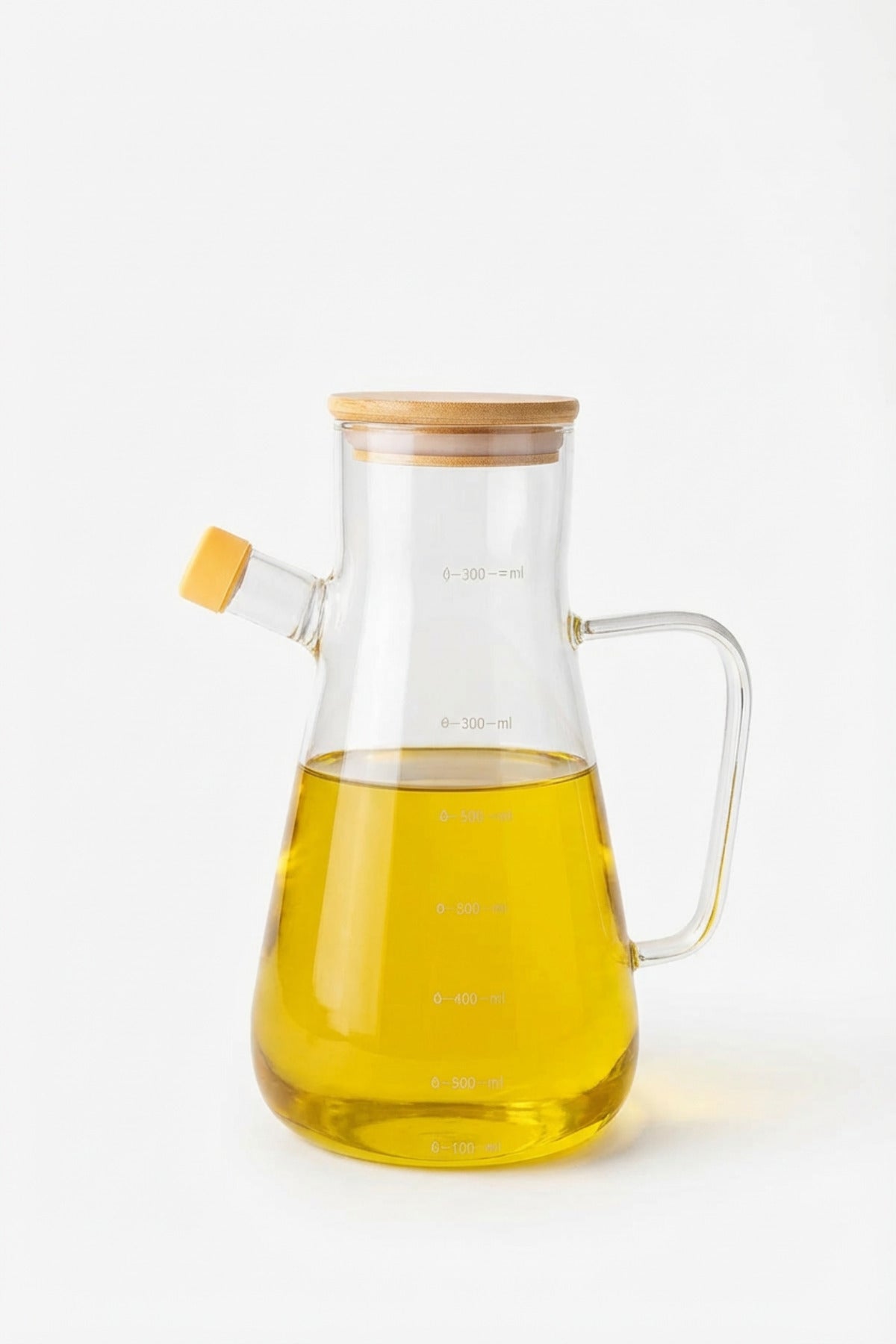 Cam Yağdanlık — Bambu Kapaklı, Ölçekli, Silikon Tıpalı