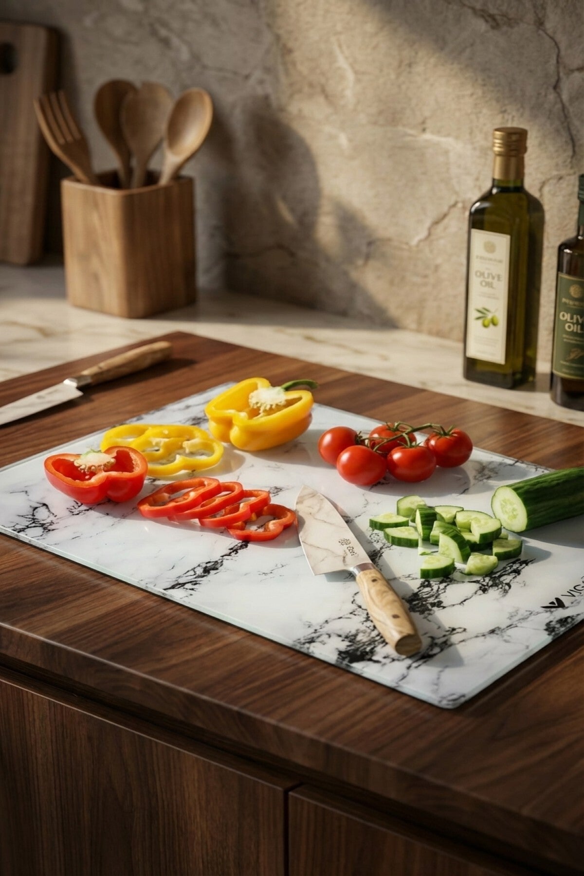 Cam Kesme Tahtası Kırılmaz Temperli 25x35 cm Beyaz Mermer Desenli Kaymaz