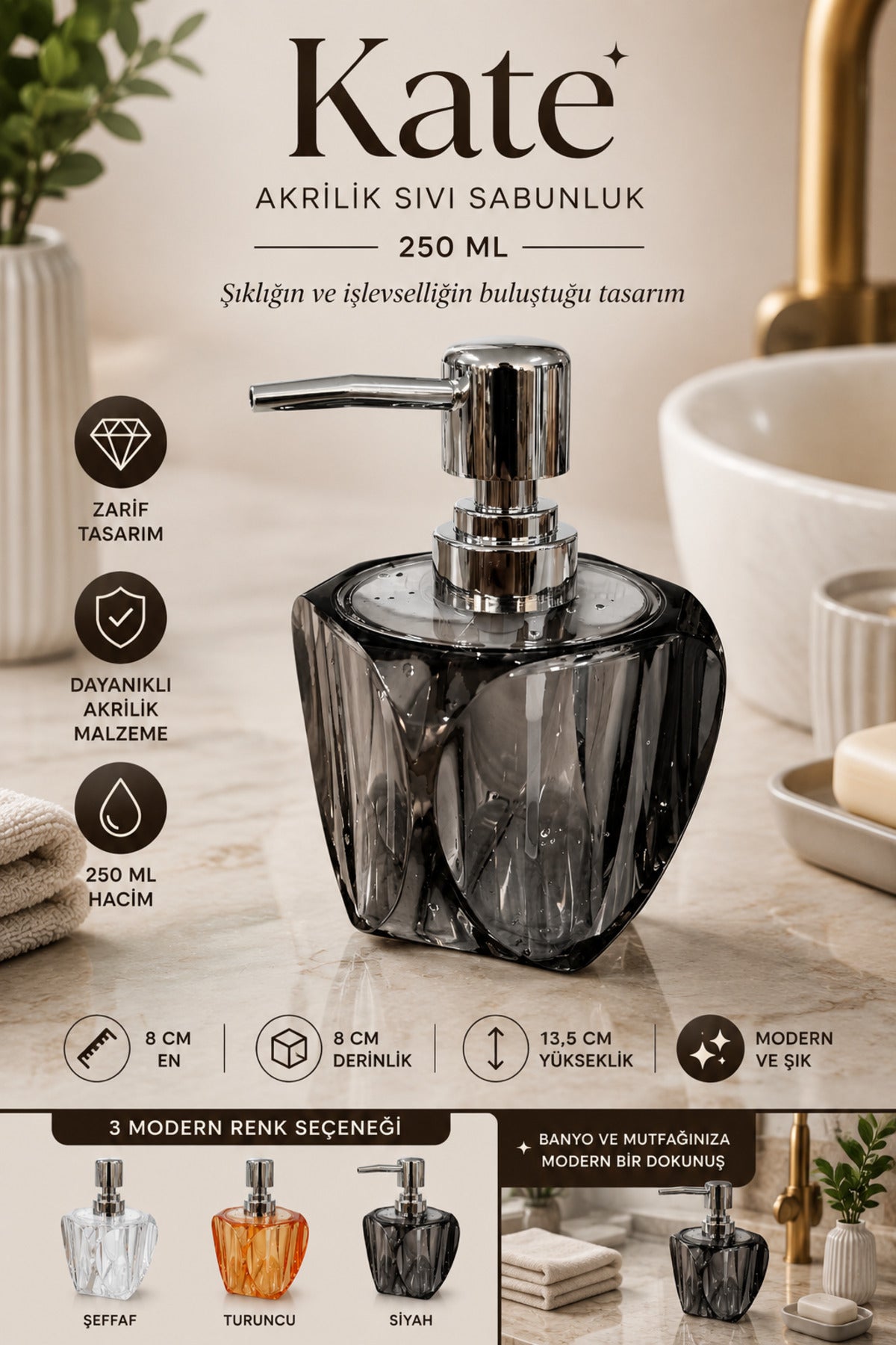Kate Akrilik Sıvı Sabunluk 250 ml, 8x8x13,5 cm – Siyah