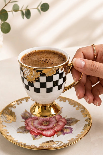 6 Kişilik 12 Parça Gold Detaylı Desenli Kahve Fincan Takımı
