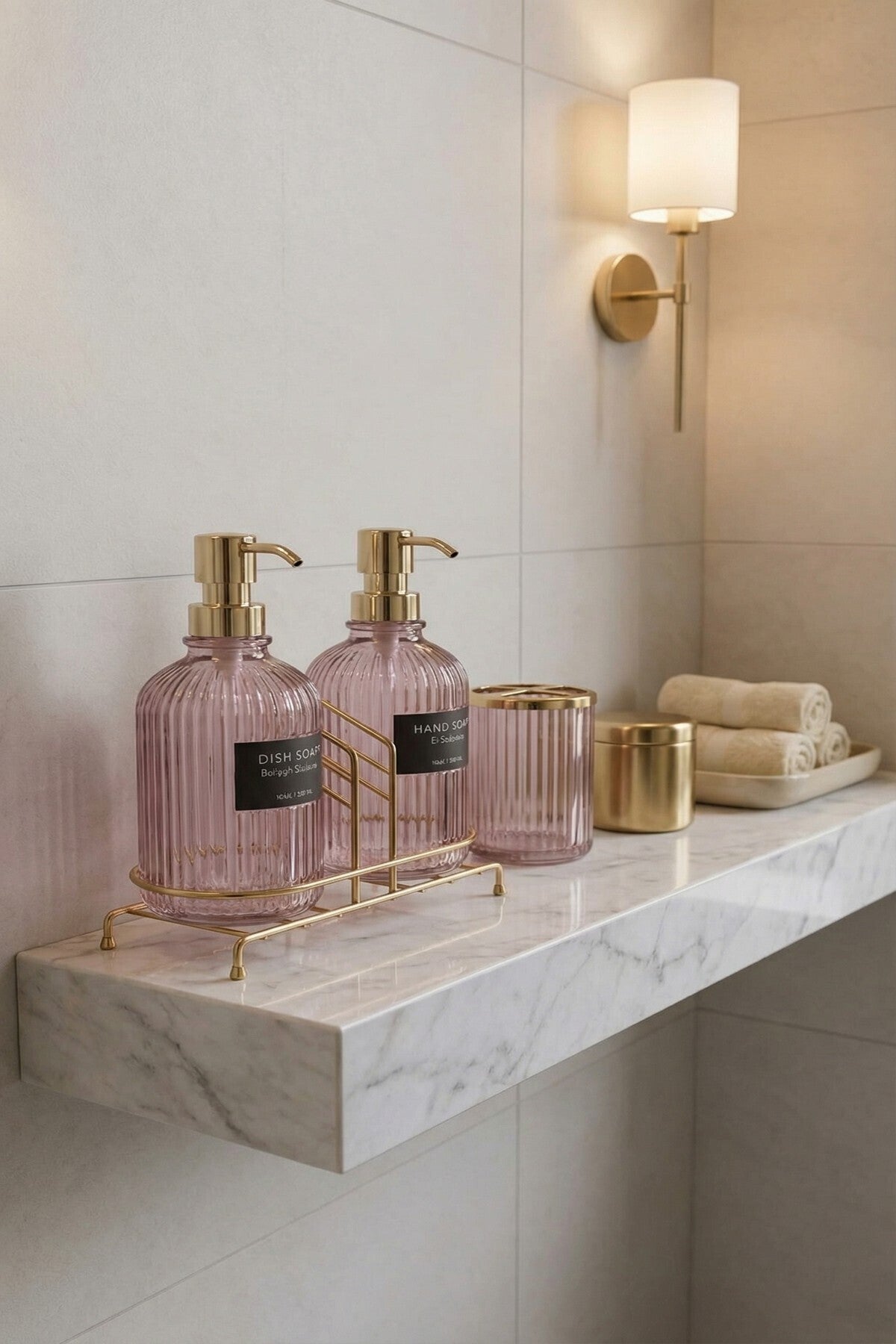 Pembe 2'li Cam Sabunluk/Deterjanlık, 500 ml, Altın Renk Metal Stantlı, 21,5x9x23 cm - görsel 6