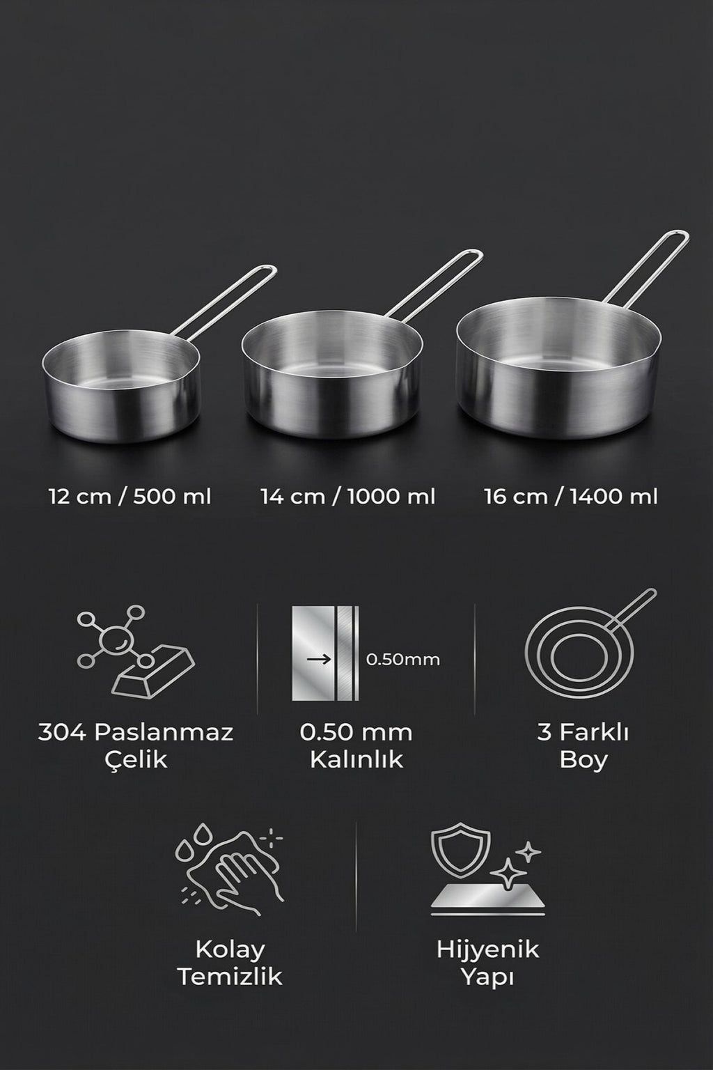Paslanmaz Çelik 3’lü Sosluk ve Sütlük Tava Seti (12-14-16 cm)