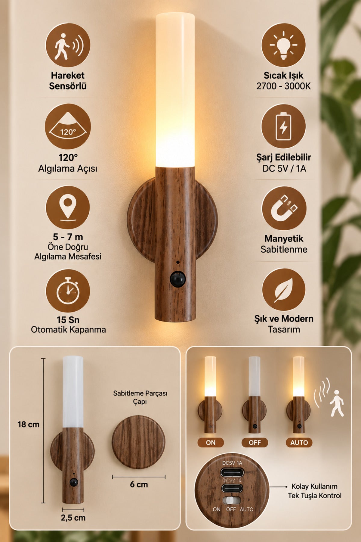 Hareket Sensörlü Şarjlı LED Gece Lambası – Manyetik Duvar Tipi, 18 cm, Sıcak Işık