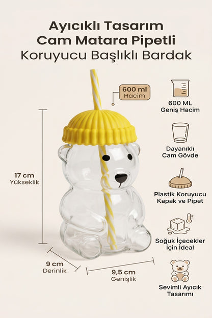 Ayıcıklı Tasarım Cam Matara Pipetli Koruyucu Başlıklı Bardak 600 ml (Yeşil, Sarı, Mavi, Siyah, Kırmızı Renk Seçenekleri)