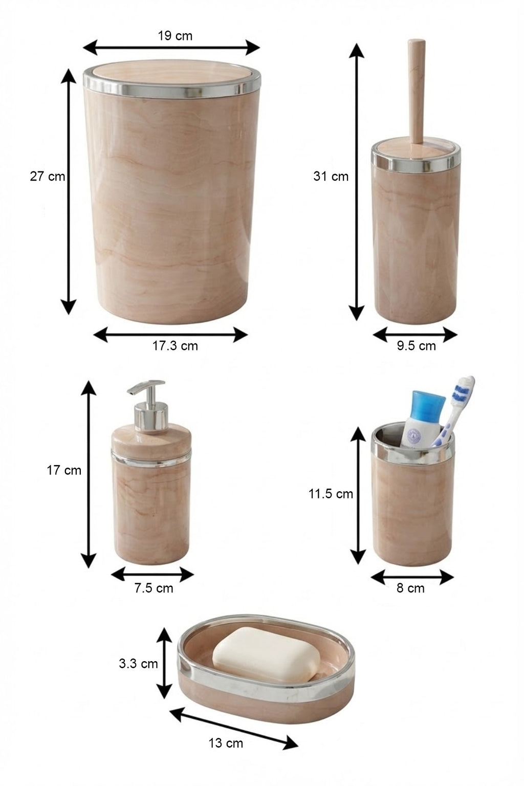 Banyo Seti 5'li,yuvarlak,akrilik-çöpkovası, Wcfırçalık,sıvı Sabunluk,diş Fırçalık,el Sabunluk