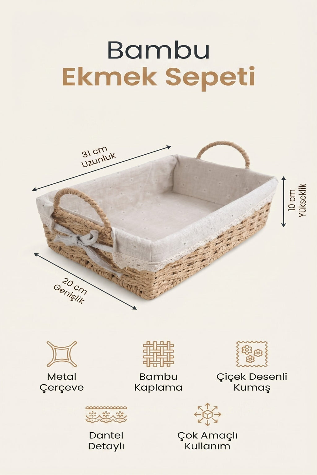 Bambu Ekmek Sepeti, 31x20x10 cm, Dantelli Çiçek Desenli Kumaş, Metal Çerçeve - görsel 2
