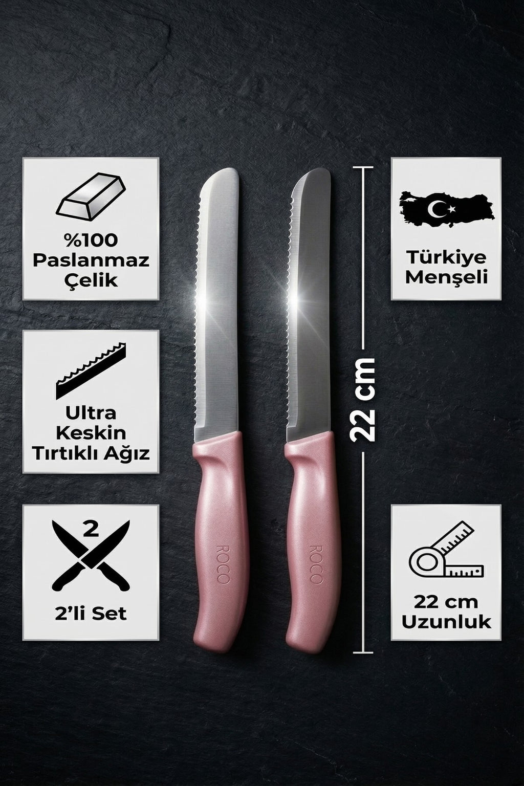 2'li Ultra Keskin Tırtıklı Bıçak Seti, Pembe 22 Cm %100 Garantili Paslanmaz Çelik