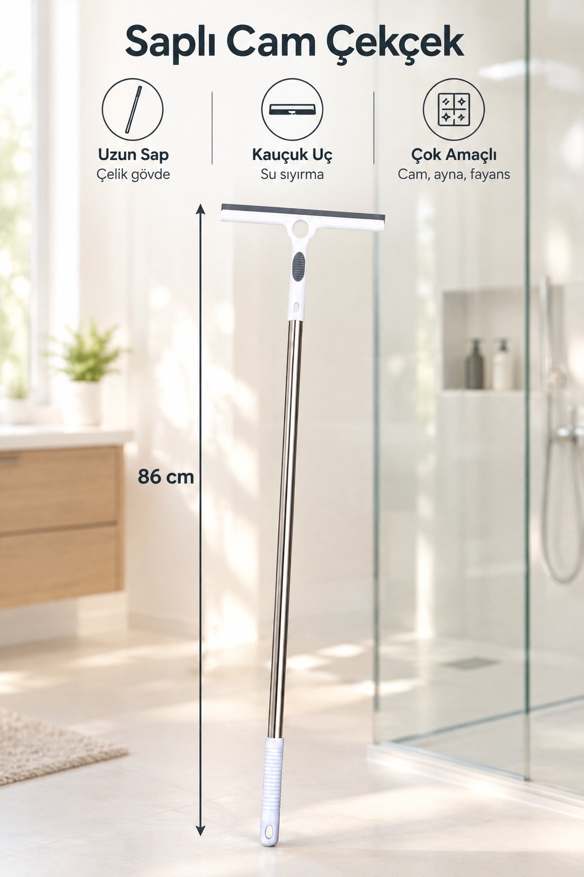Saplı Cam Çekçek, Kauçuk Uçlu Camsil, Çelik Saplı, Beyaz, 86 cm