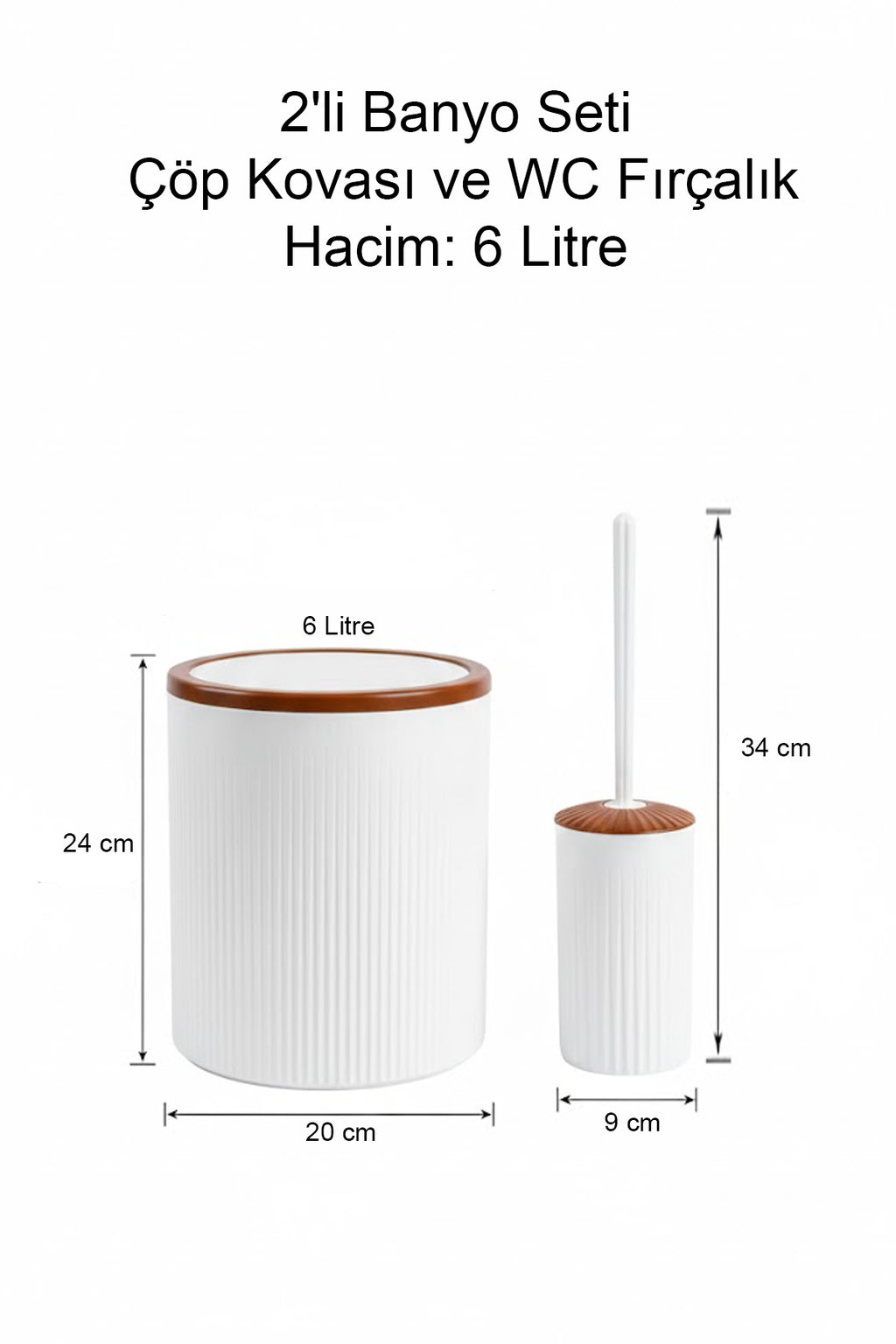 2'li Banyo Seti, Çöp Kovası ve WC Fırçalık, Beyaz, Hacim: 6 Litre