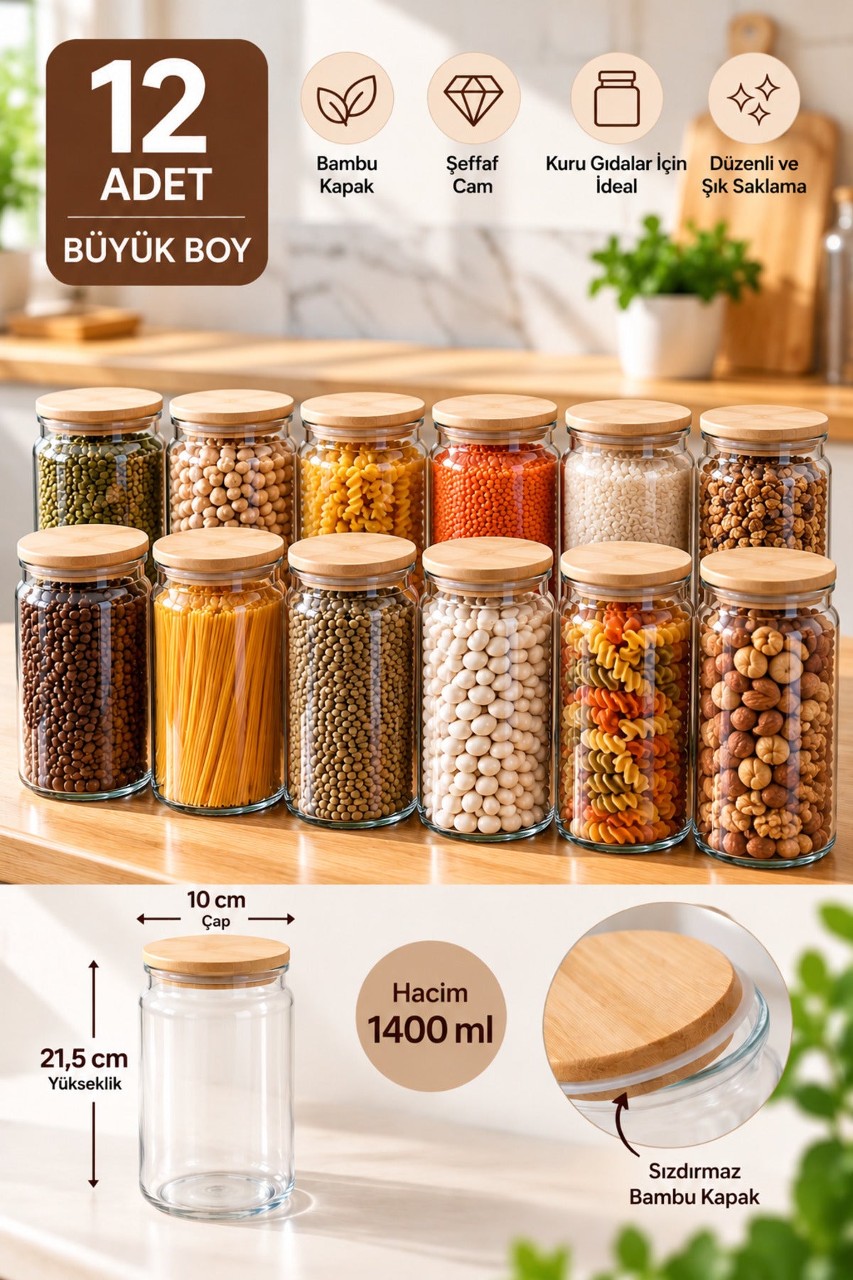 12’li Bambu Kapaklı Cam Kavanoz Seti – 1400 ml