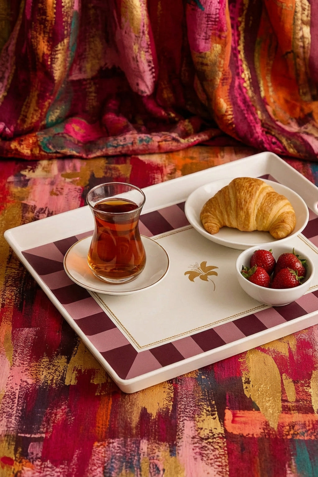 Çizgili Desenli Servis Tepsisi 38x28x3,5 cm, Bordo