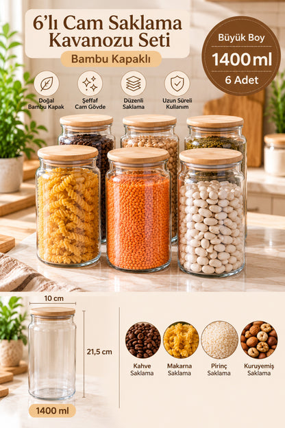 6'lı Cam Saklama Kavanozu Bambu Kapaklı – 1400 ml