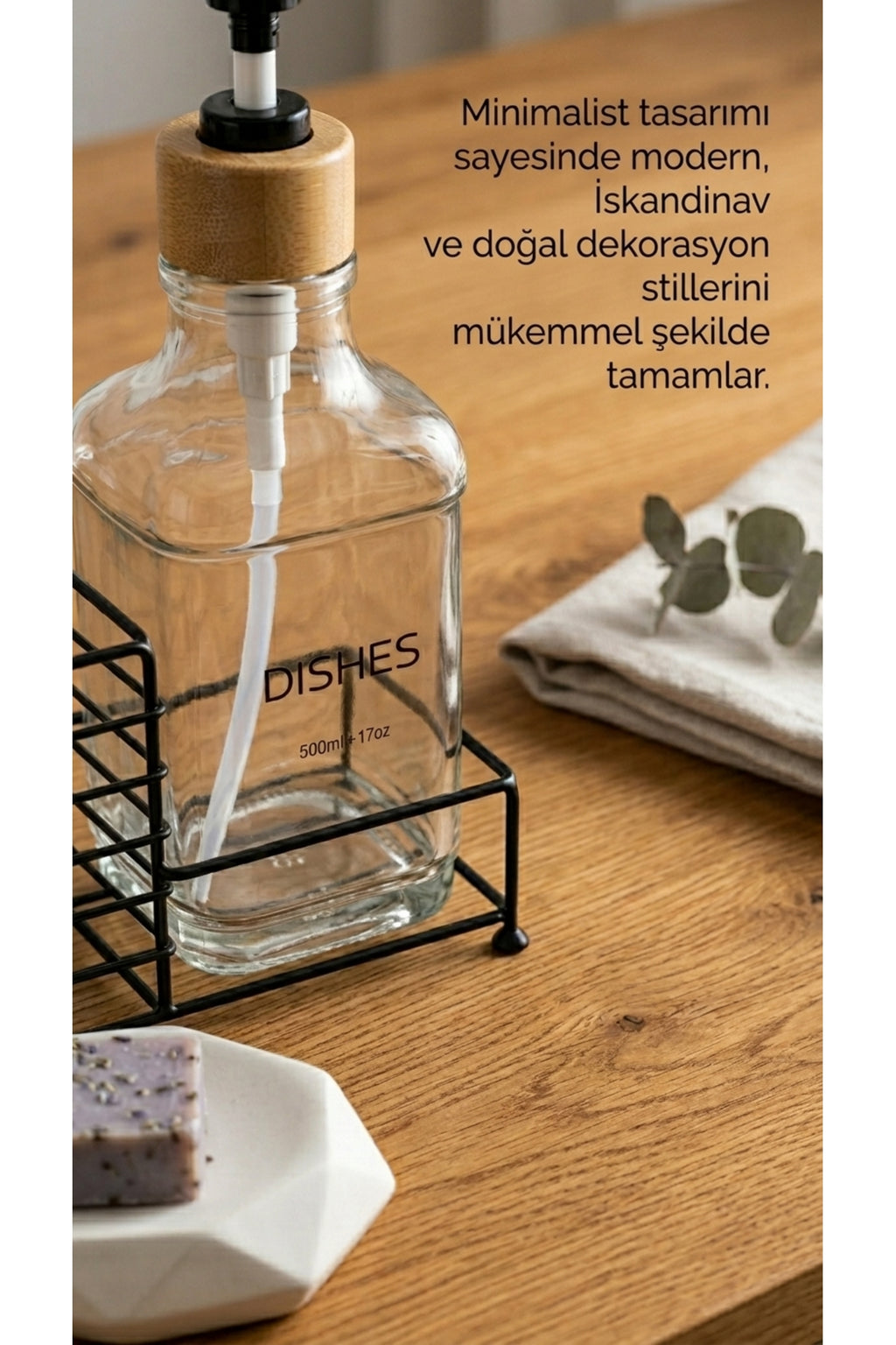 Metal Stantlı Bambu Kapaklı Cam Sıvı Sabunluk/Deterjanlık, 500 ml, 15 × 8,5 × 23 cm