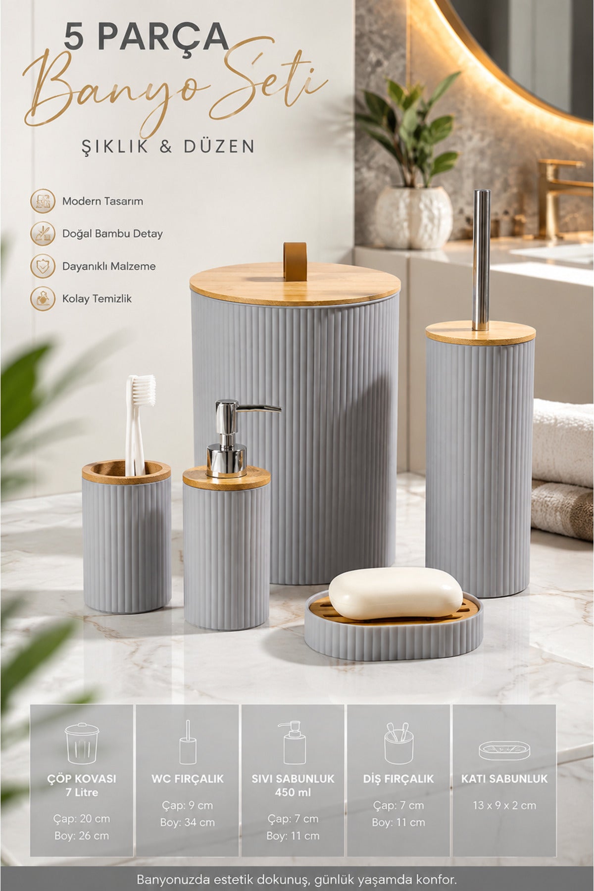 5 Parça Yuvarlak Banyo Seti, Bambu Kapaklı, Hacim: 7 litre – Gri