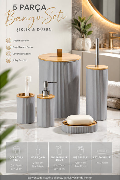 5 Parça Yuvarlak Banyo Seti, Bambu Kapaklı, Hacim: 7 litre – Gri