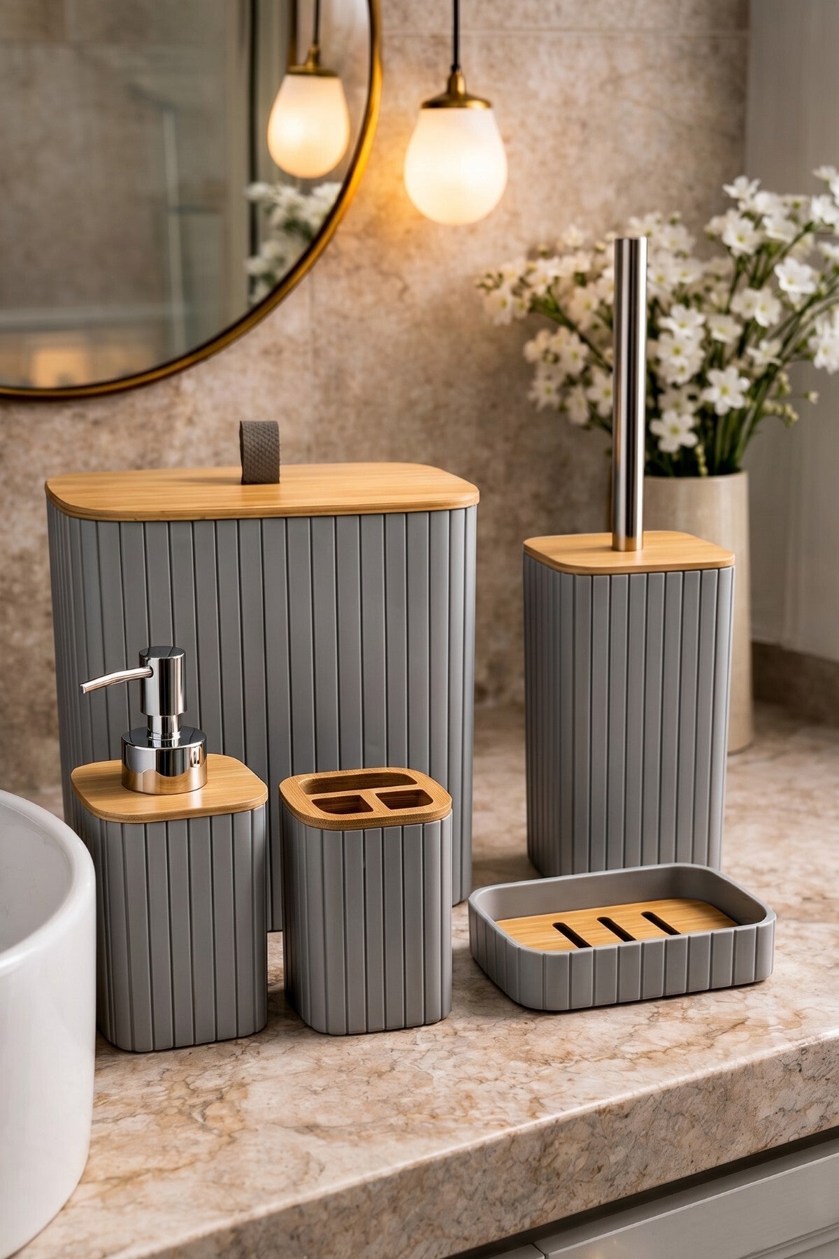 Bambu Kapaklı Çizgili Dikdörtgen 5 Parça Banyo Seti, 21 x 19 x 24 cm.