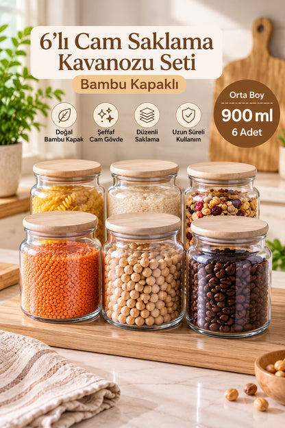 6'lı Cam Saklama Kavanozu Bambu Kapaklı – 900 ml