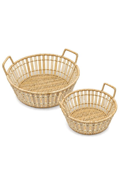 2'li Yuvarlak Bambu Hasır Kulplu Sepet Seti, Ekmek ve Meyve Sepeti, 29 cm + 25 cm