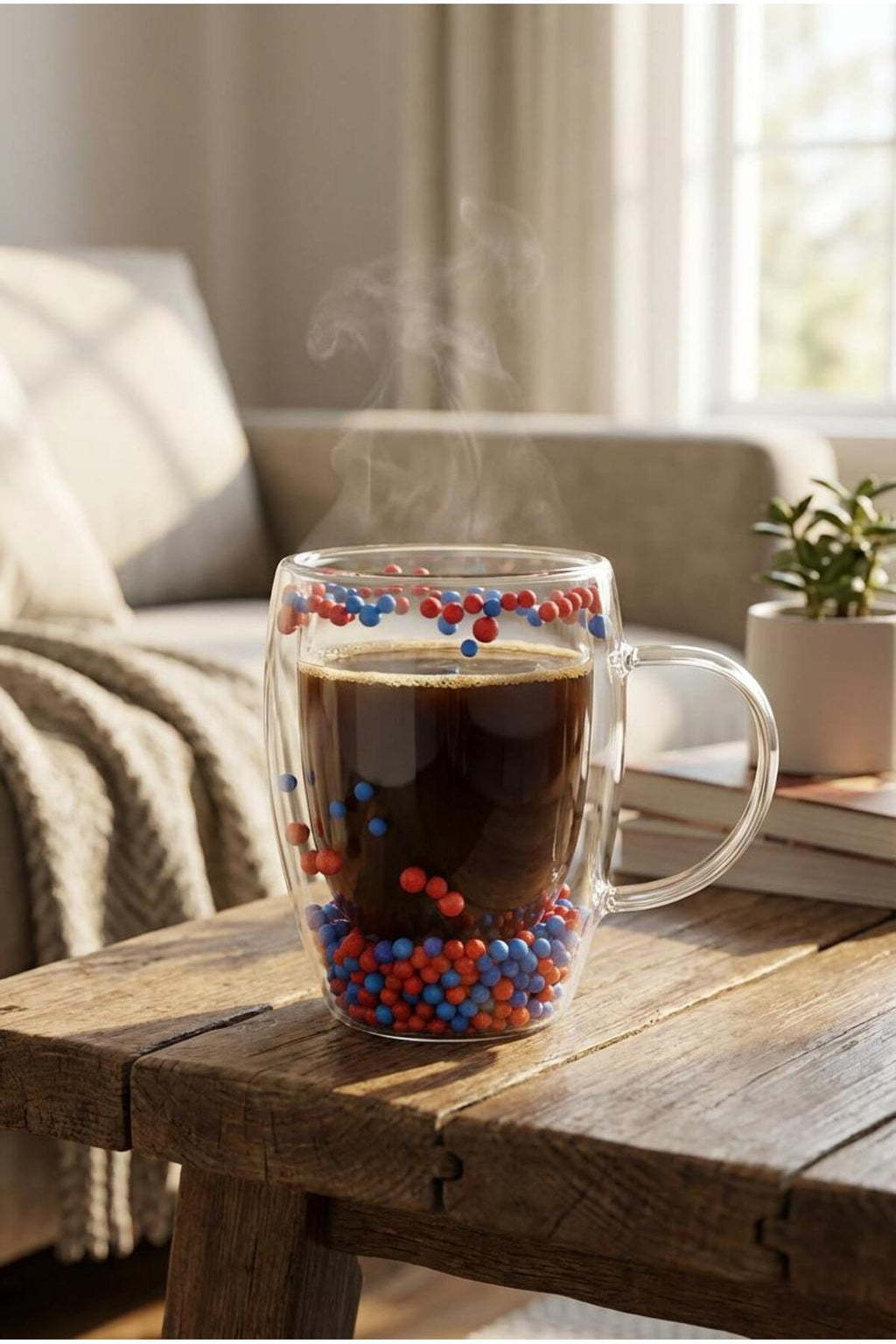 Çift Cidarlı Bordo Mavi Cam Kupa 350 ML – Isıya Dayanıklı