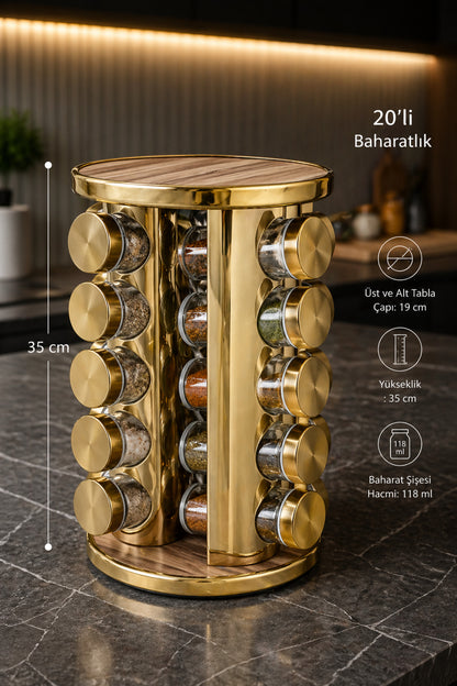 20’li Ahşap Desenli Gold Yuvarlak 360° Döner Standlı Baharatlık Cam Kavanoz Seti 118 ml