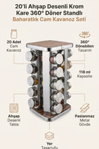20’li Ahşap Desenli Krom Kare 360° Döner Standlı Baharatlık Cam Kavanoz Seti 118 ml