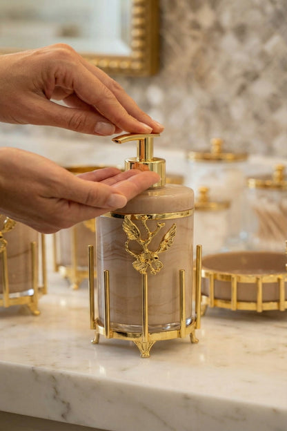 Gold Kaplama Metal Stantlı 5 Parça Mermer Desenli ve Düz Renk Seçenekli Banyo Aksesuar Takımı