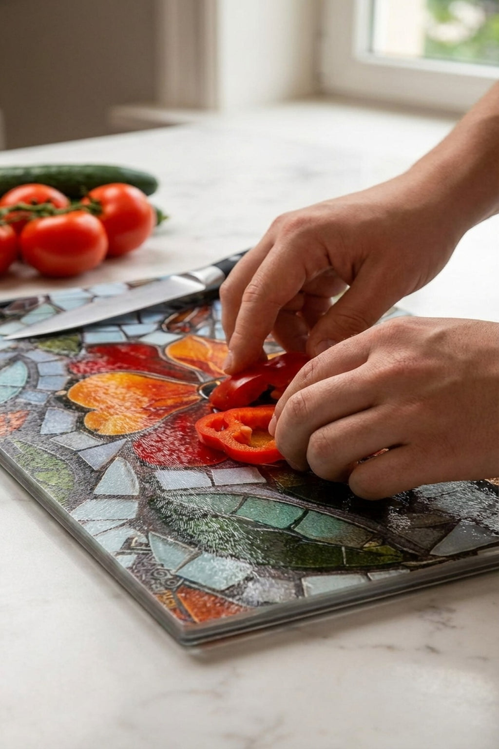 Cam Kesme Tahtası Kırılmaz Temperli Çiçek Desenli Kaymaz