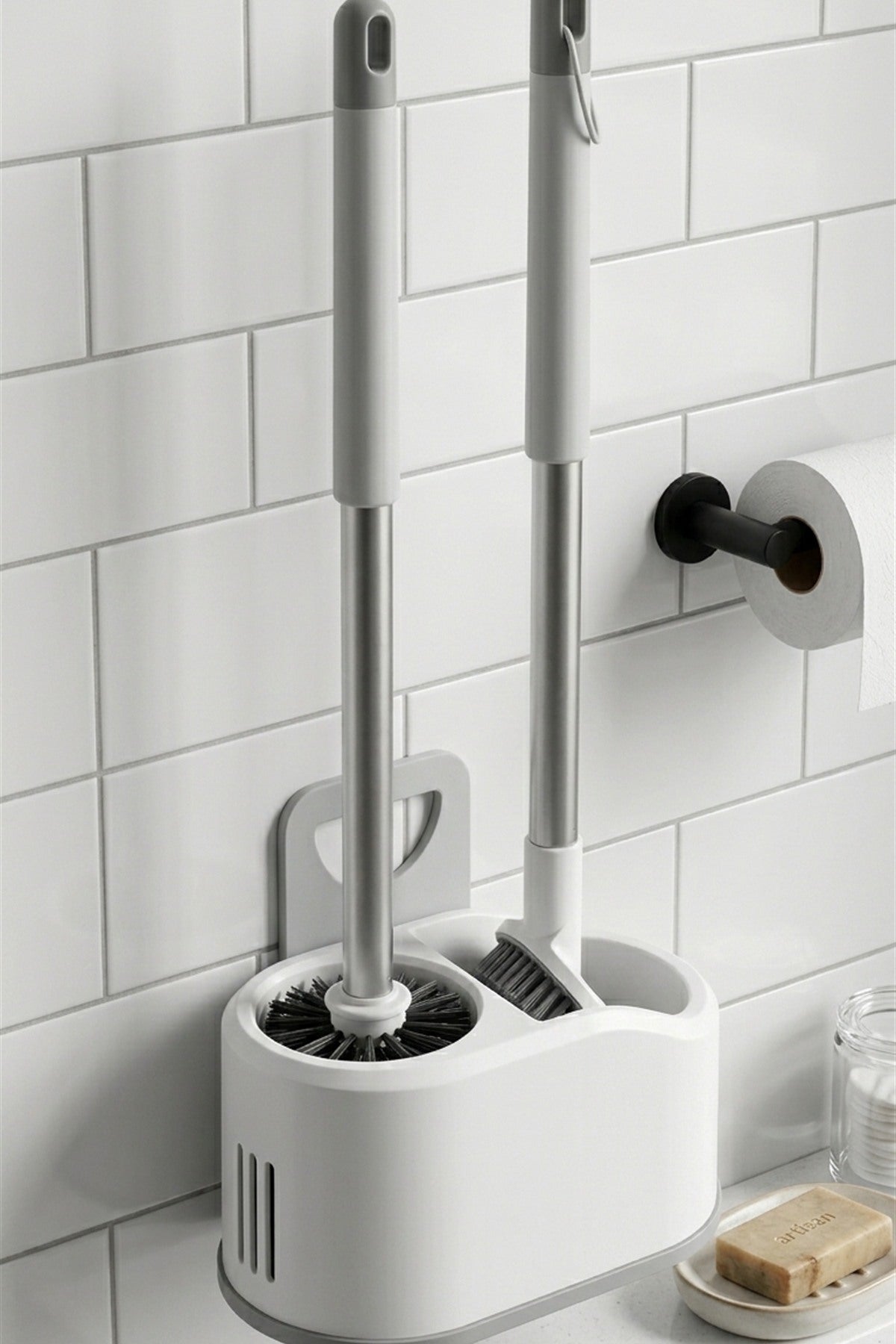 Çift Fırçalı WC Temizlik Seti, Beyaz, Duvara Monte Edilebilir, 51 cm