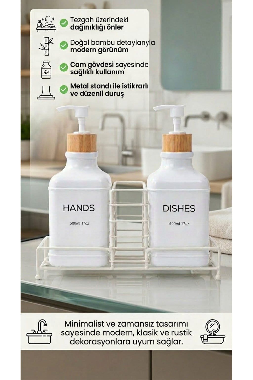 Stantlı Bambu Kapaklı İkili Cam Sıvı Sabunluk & Deterjanlık Seti – 2×500 ml, 22,5 × 8,5 × 24 cm