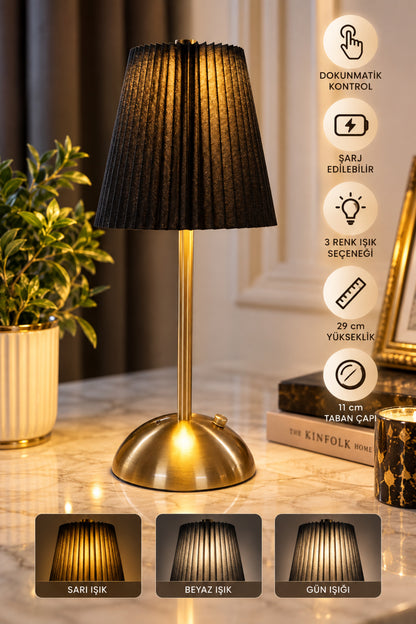 Şarjlı Dekoratif Masa Lambası Pileli Desenli Abajur USB Şarjlı Metal Gövde – Yeşil