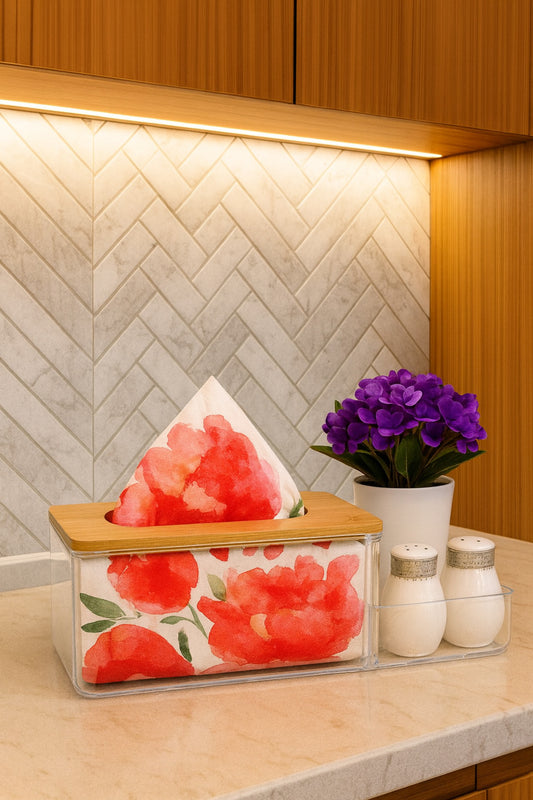 Bambu Kapaklı Plastik Peçetelik ve Organizer, 25 x 12 x 10 cm