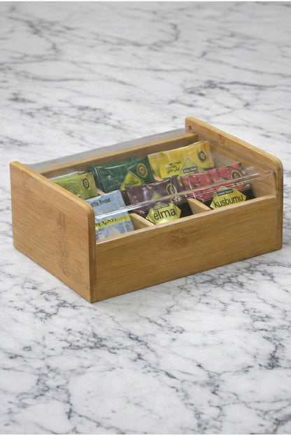 Bambu Çay Kutusu Şeffaf Kapaklı Poşet Çay Saklama Organizatörü Bölmeli Tea Box