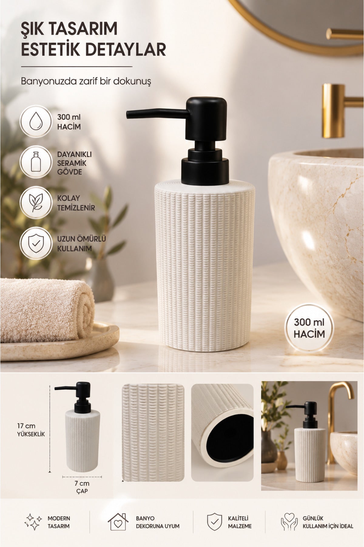 300 ml Seramik Lenora Sıvı Sabunluk, 7 cm çap, 18 cm yükseklik
